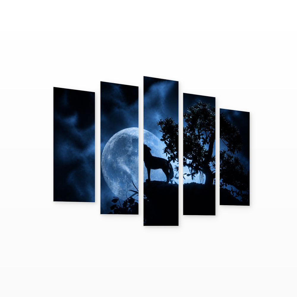 Wolf Howling in a Dark Forest at Night — five-panel wall art on white background in perspective | 5wallart 53953 M1