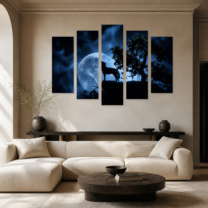 Wolf Howling in a Dark Forest at Night — five-panel wall art in frontal interior | 5wallart 53953 M3