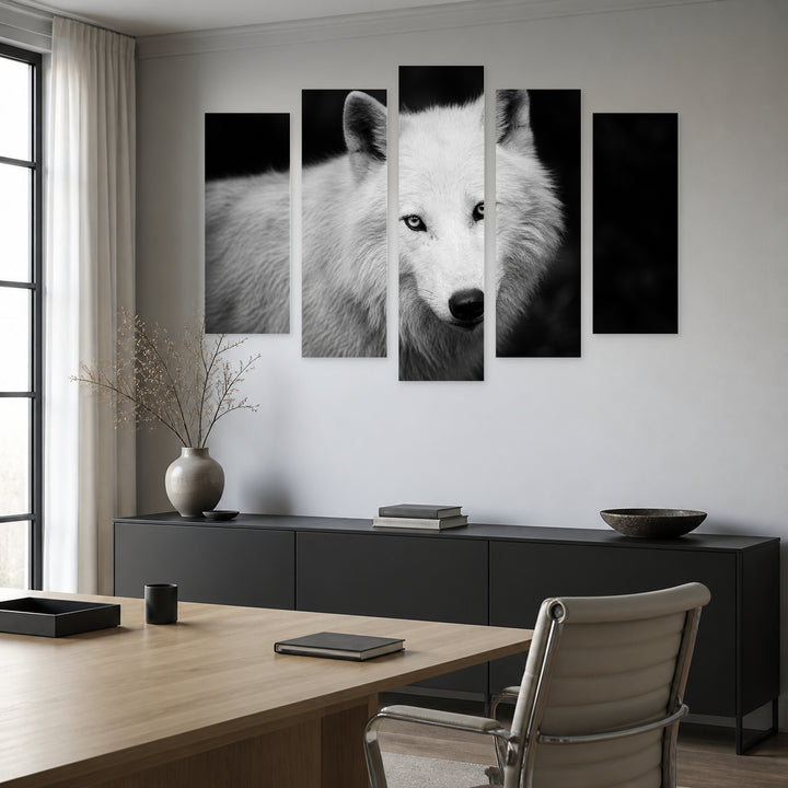 Portrait of a White Wolf with Dramatic Contrast — five-panel wall art in frontal interior | 5wallart 53954 M3