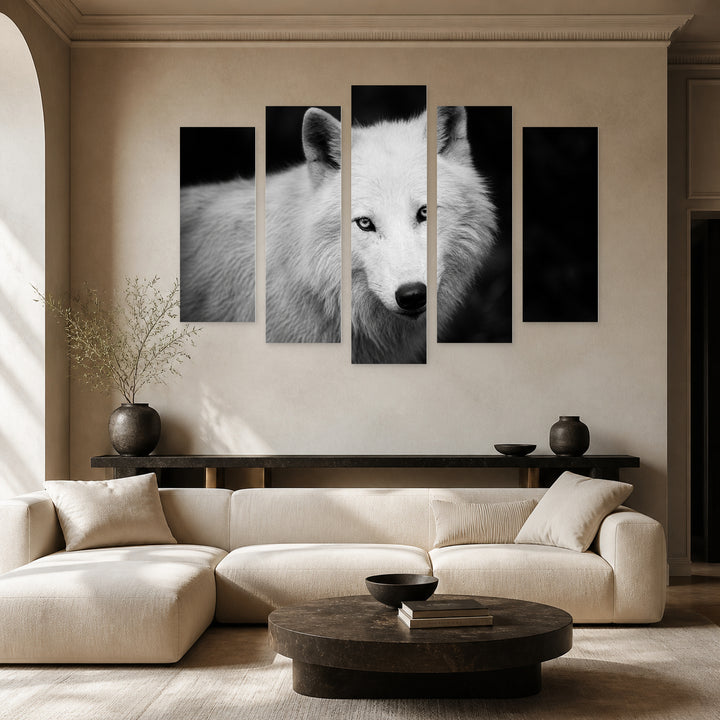 Portrait of a White Wolf with Dramatic Contrast — five-panel wall art in alternate frontal interior | 5wallart 53954 M4