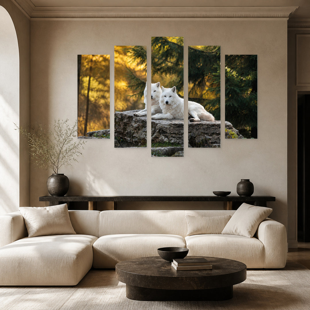 White Wolves in the Forest in Serene Light — five-panel wall art in frontal interior | 5wallart 53955 M3