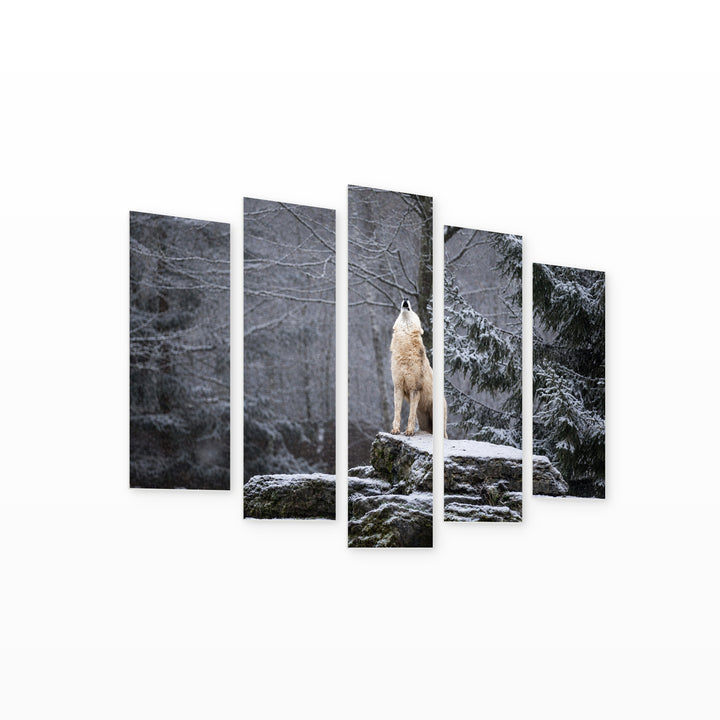 Howling White Wolf in Winter — five-panel wall art on white background in perspective | 5wallart 53956 M1