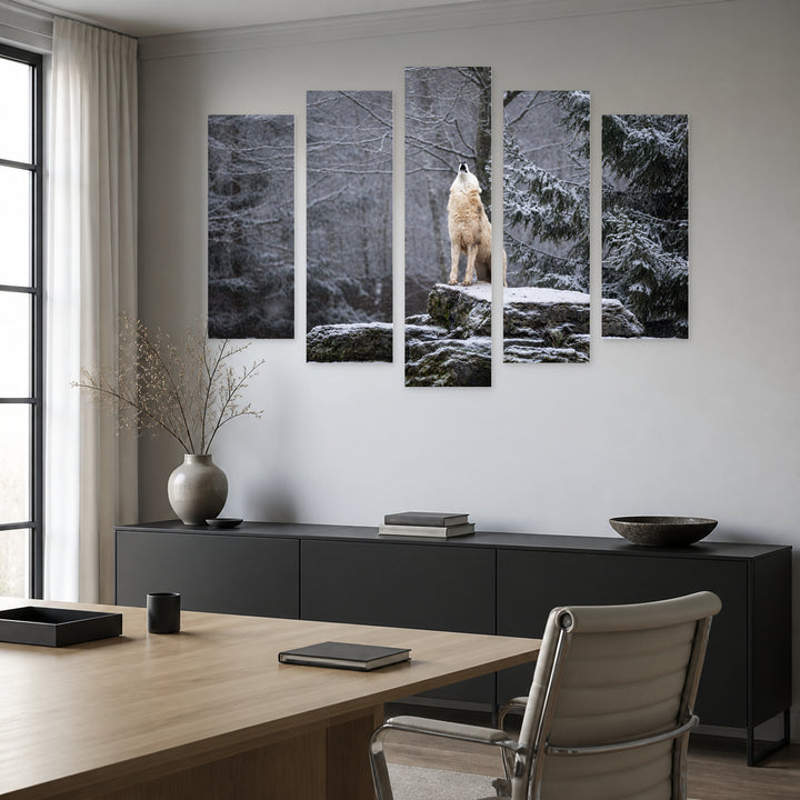 Howling White Wolf in Winter — five-panel wall art in frontal interior | 5wallart 53956 M3