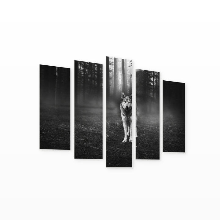 Monochrome Wolf in the Forest — five-panel wall art on white background in perspective | 5wallart 53959 M1