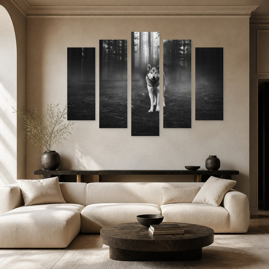 Monochrome Wolf in the Forest — five-panel wall art in frontal interior | 5wallart 53959 M3