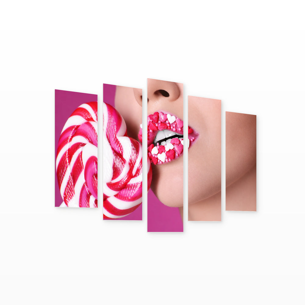 Lollipop and Lips with Hearts in Vivid Color — five-panel wall art on white background in perspective | 5wallart 53960 M1