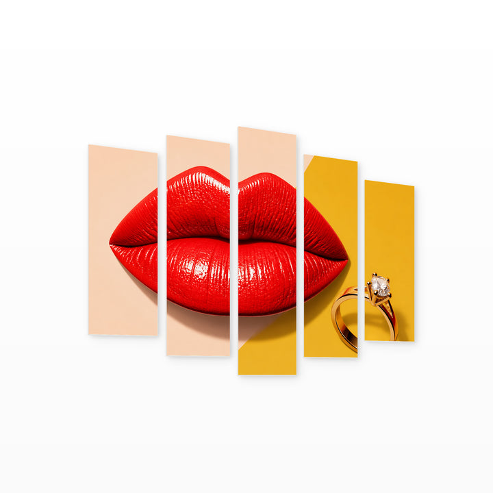 Female Lips with a Ring with Dramatic Contrast — five-panel wall art on white background in perspective | 5wallart 53961 M1