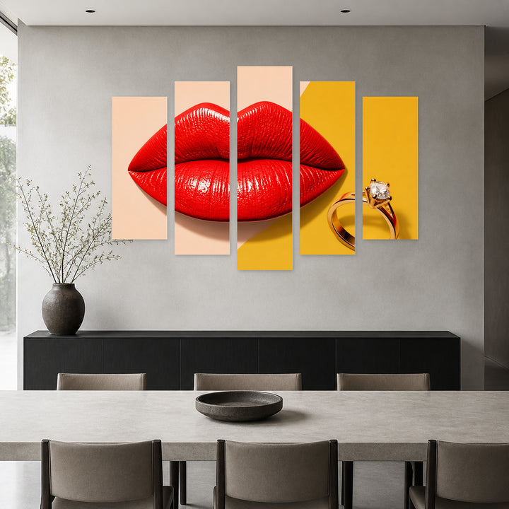 Female Lips with a Ring with Dramatic Contrast — five-panel wall art in alternate frontal interior | 5wallart 53961 M4