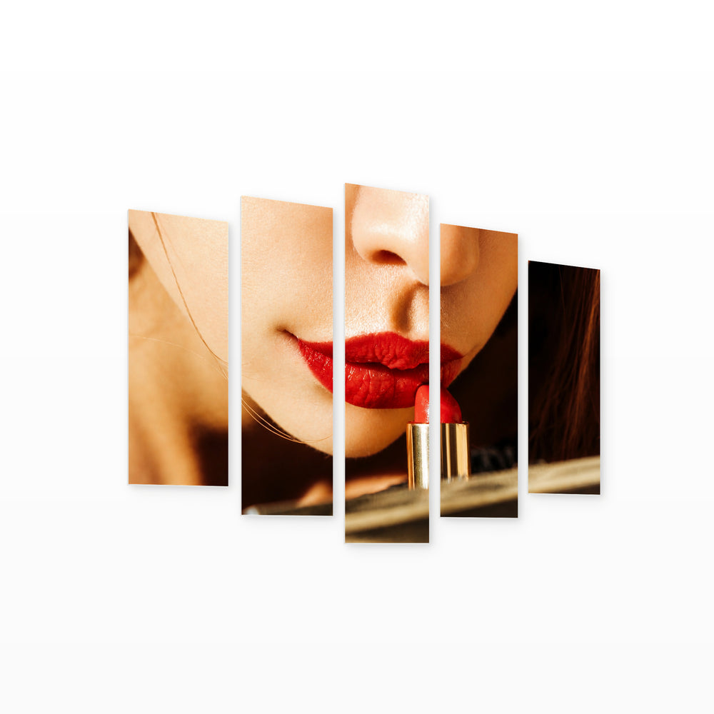 Female Lips Red Color in Vivid Color — five-panel wall art on white background in perspective | 5wallart 53965 M1