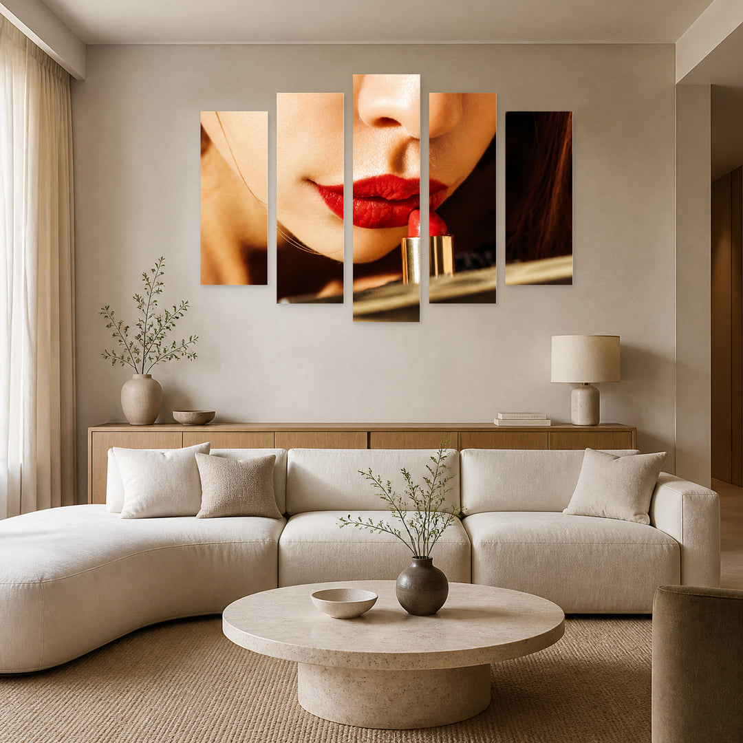 Female Lips Red Color in Vivid Color — five-panel wall art in frontal interior | 5wallart 53965 M3