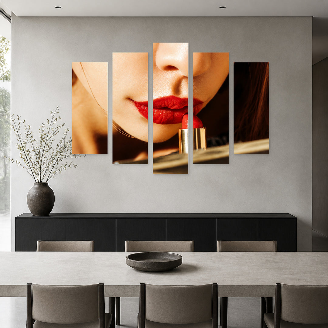 Female Lips Red Color in Vivid Color — five-panel wall art in alternate frontal interior | 5wallart 53965 M4
