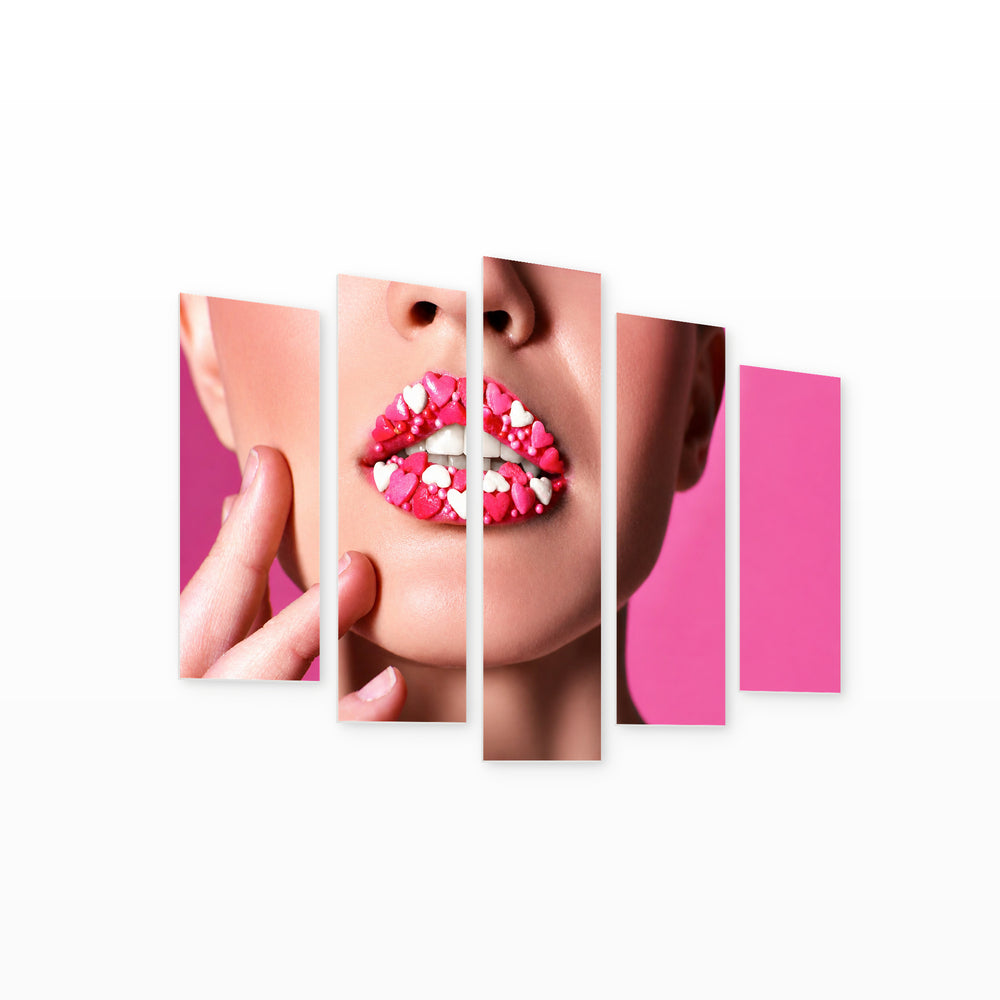 Lips with Hearts with Dramatic Contrast — five-panel wall art on white background in perspective | 5wallart 53966 M1