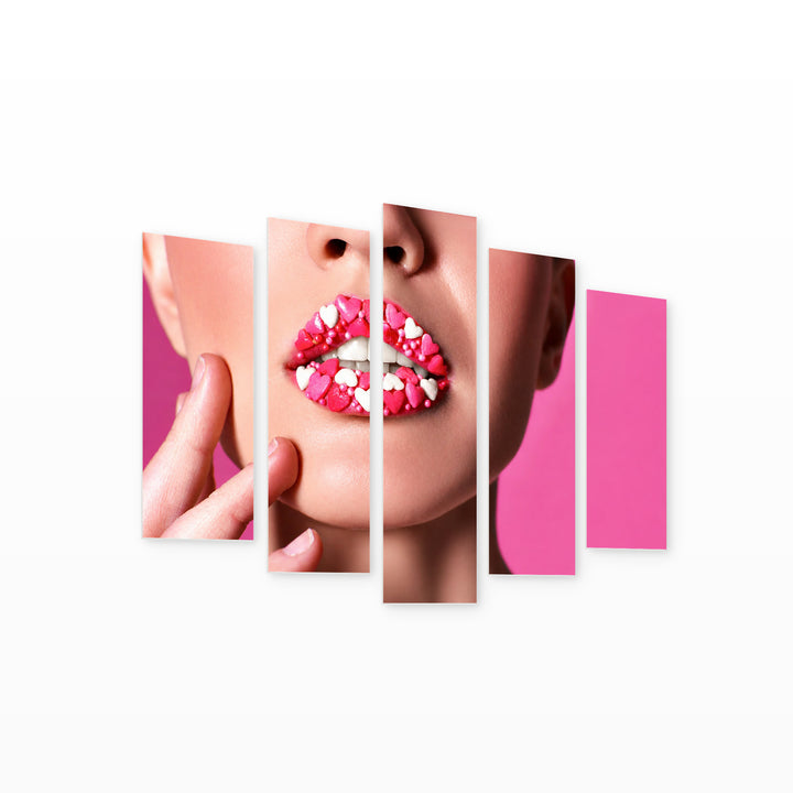 Lips with Hearts with Dramatic Contrast — five-panel wall art on white background in perspective | 5wallart 53966 M1