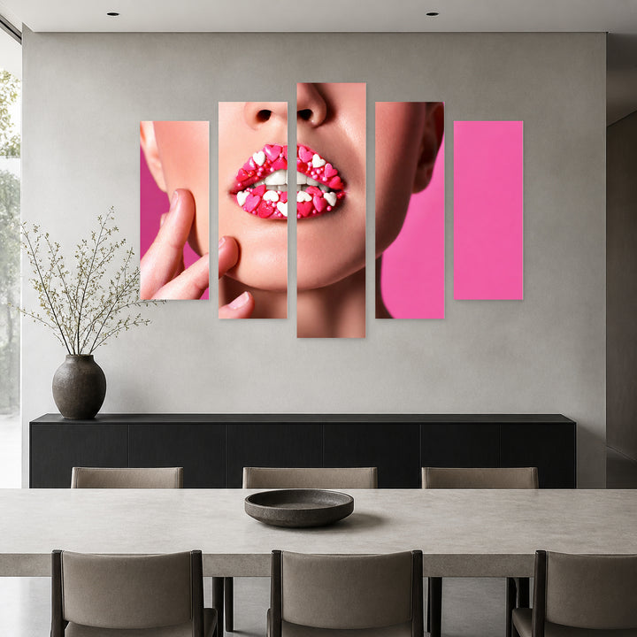 Lips with Hearts with Dramatic Contrast — five-panel wall art in frontal interior | 5wallart 53966 M3