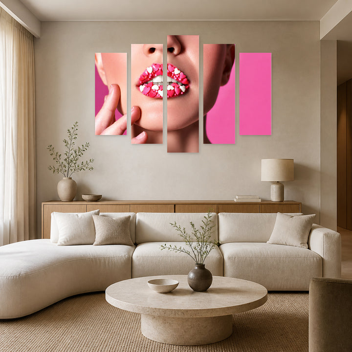 Lips with Hearts with Dramatic Contrast — five-panel wall art in alternate frontal interior | 5wallart 53966 M4