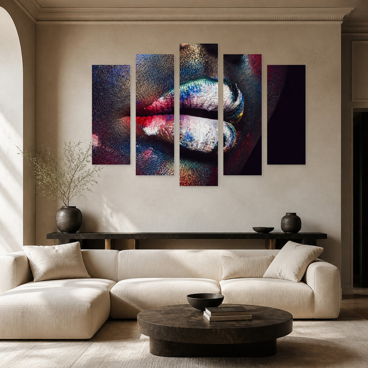 Colorful Lips at Night — five-panel wall art in frontal interior | 5wallart 53971 M3