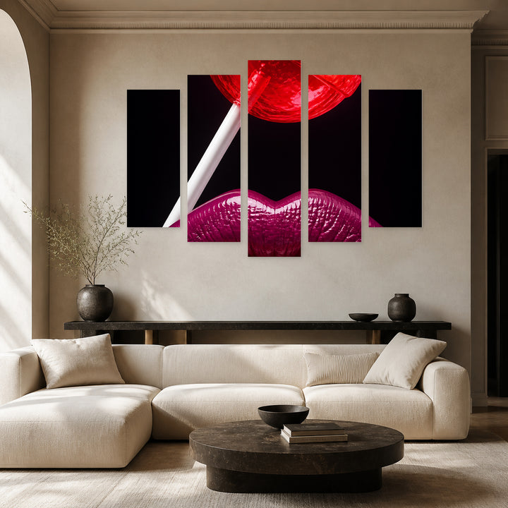 Female Lips and Lollipop with Dramatic Contrast — five-panel wall art in alternate frontal interior | 5wallart 53972 M4