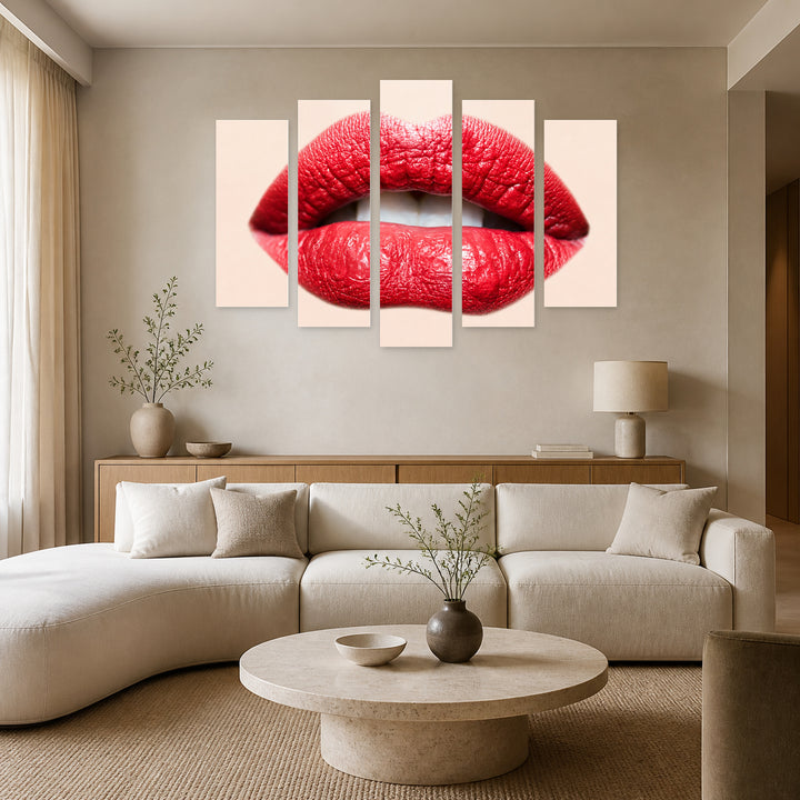 Female Lips with Dramatic Contrast — five-panel wall art in frontal interior | 5wallart 53973 M3
