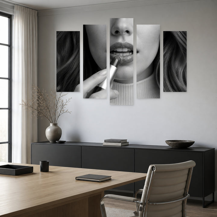 Woman Applying Lipstick with Dramatic Contrast — five-panel wall art in frontal interior | 5wallart 53974 M3