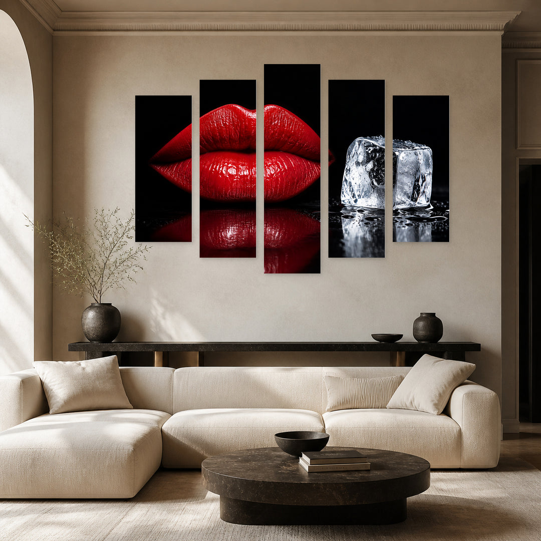 Mouth with Ice Cube with Dramatic Contrast — five-panel wall art in frontal interior | 5wallart 53979 M3