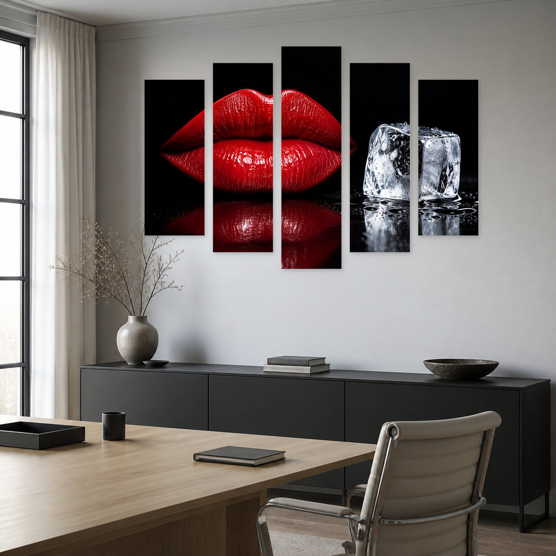 Mouth with Ice Cube with Dramatic Contrast — five-panel wall art in alternate frontal interior | 5wallart 53979 M4