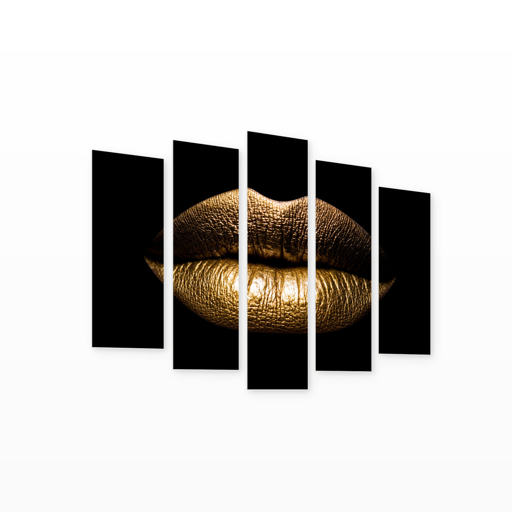 Golden Lips on a Black Background Modern Composition — five-panel wall art on white background in perspective | 5wallart 53982 M1