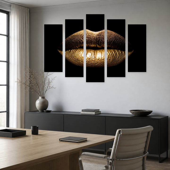 Golden Lips on a Black Background Modern Composition — five-panel wall art in frontal interior | 5wallart 53982 M3