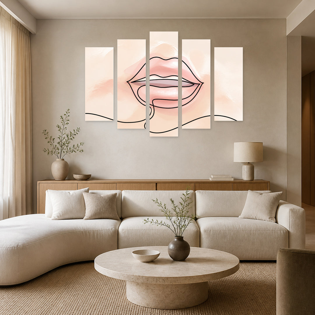 Pastel Lips with Dreamlike Atmosphere — five-panel wall art in alternate frontal interior | 5wallart 53988 M4