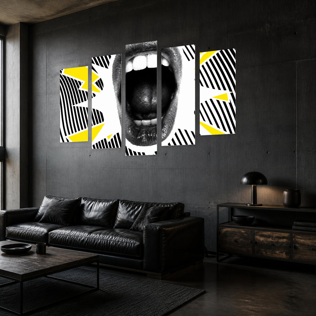 Screaming Mouth with Dramatic Contrast — five-panel wall art in perspective interior | 5wallart 53990 M2