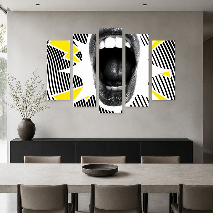Screaming Mouth with Dramatic Contrast — five-panel wall art in frontal interior | 5wallart 53990 M3