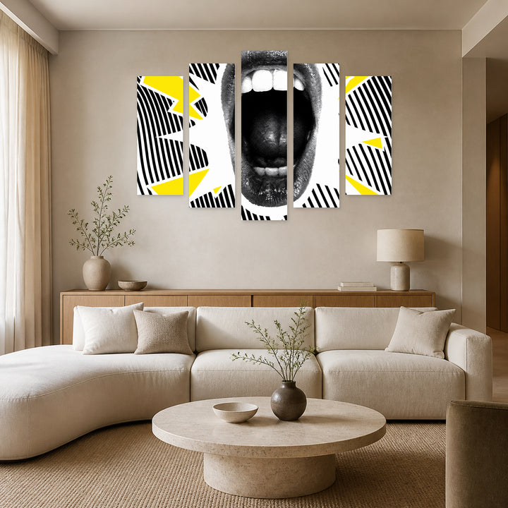 Screaming Mouth with Dramatic Contrast — five-panel wall art in alternate frontal interior | 5wallart 53990 M4
