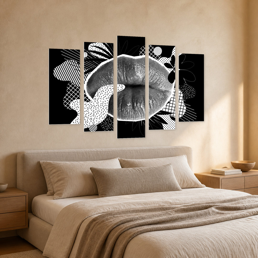 Lips Collage at Night — five-panel wall art in perspective interior | 5wallart 53991 M2