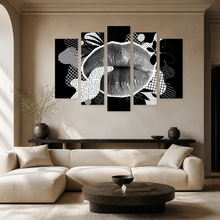 Lips Collage at Night — five-panel wall art in frontal interior | 5wallart 53991 M3