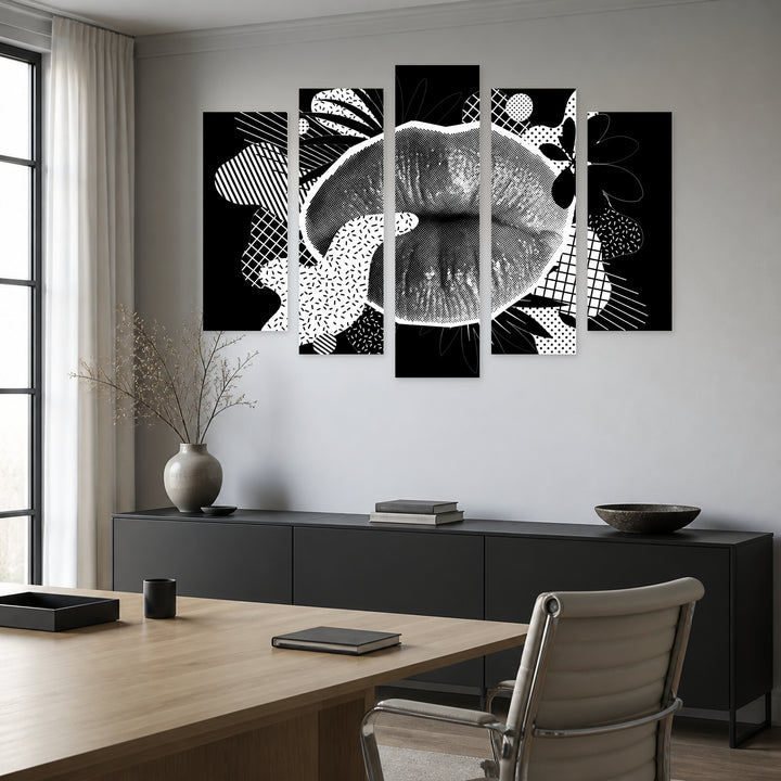 Lips Collage at Night — five-panel wall art in alternate frontal interior | 5wallart 53991 M4