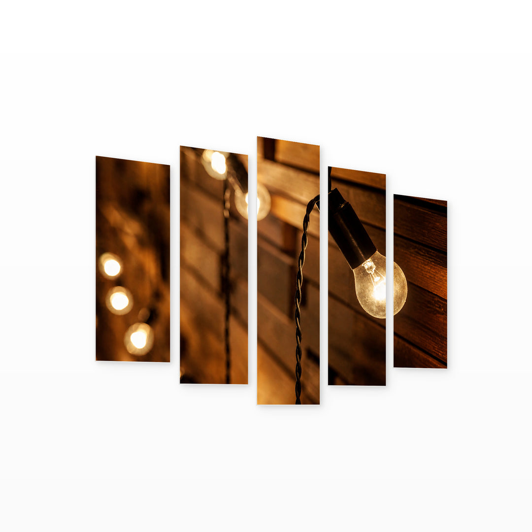 Hanging Bulbs over Wooden Background in Serene Light — five-panel wall art on white background in perspective | 5wallart 53996 M1