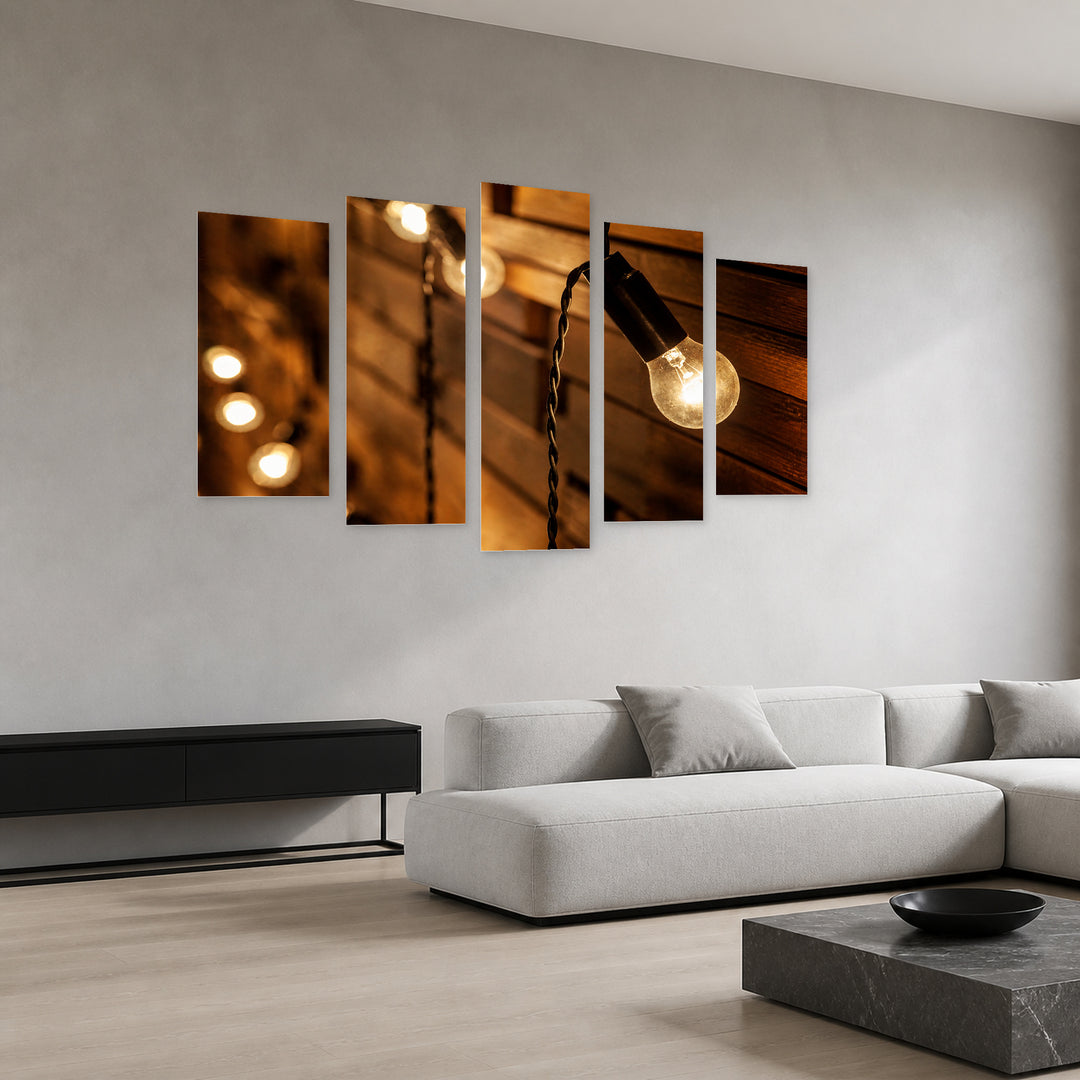 Hanging Bulbs over Wooden Background in Serene Light — five-panel wall art in perspective interior | 5wallart 53996 M2
