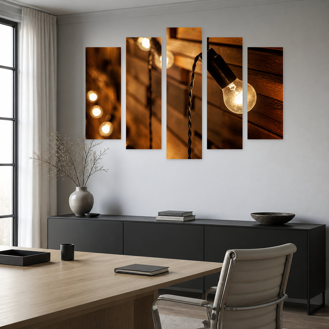 Hanging Bulbs over Wooden Background in Serene Light — five-panel wall art in frontal interior | 5wallart 53996 M3