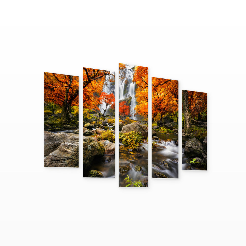 Mountain Waterfall in Serene Light — five-panel wall art on white background in perspective | 5wallart 54003 M1