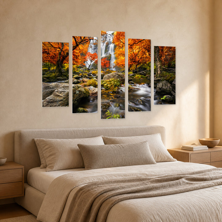 Mountain Waterfall in Serene Light — five-panel wall art in perspective interior | 5wallart 54003 M2