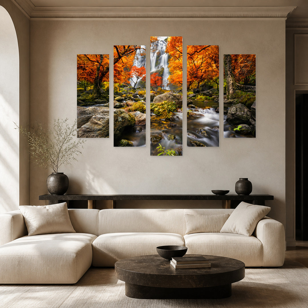 Mountain Waterfall in Serene Light — five-panel wall art in frontal interior | 5wallart 54003 M3
