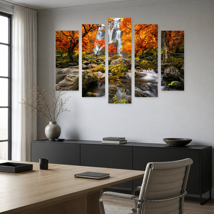 Mountain Waterfall in Serene Light — five-panel wall art in alternate frontal interior | 5wallart 54003 M4