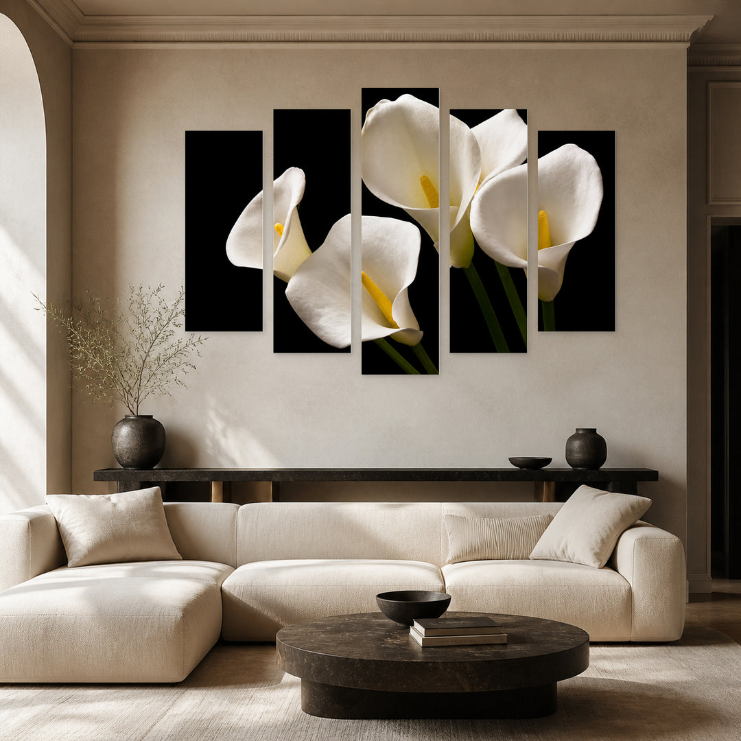 Calla Lily Bouquet in Vivid Color — five-panel wall art in alternate frontal interior | 5wallart 54016 M4