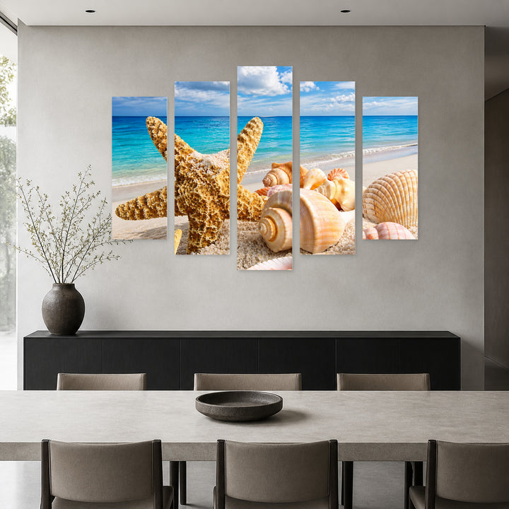 Starfish and Seashells in Vivid Color — five-panel wall art in alternate frontal interior | 5wallart 54019 M4