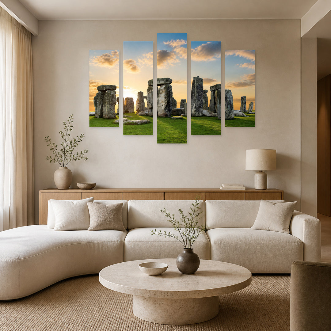 Stonehenge in Serene Light — five-panel wall art in alternate frontal interior | 5wallart 54022 M4