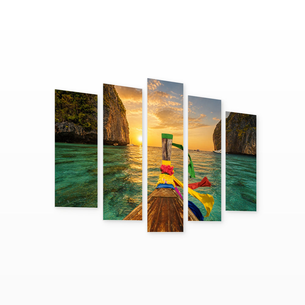 Traditional Thai Boat at Golden Sunset — five-panel wall art on white background in perspective | 5wallart 54027 M1