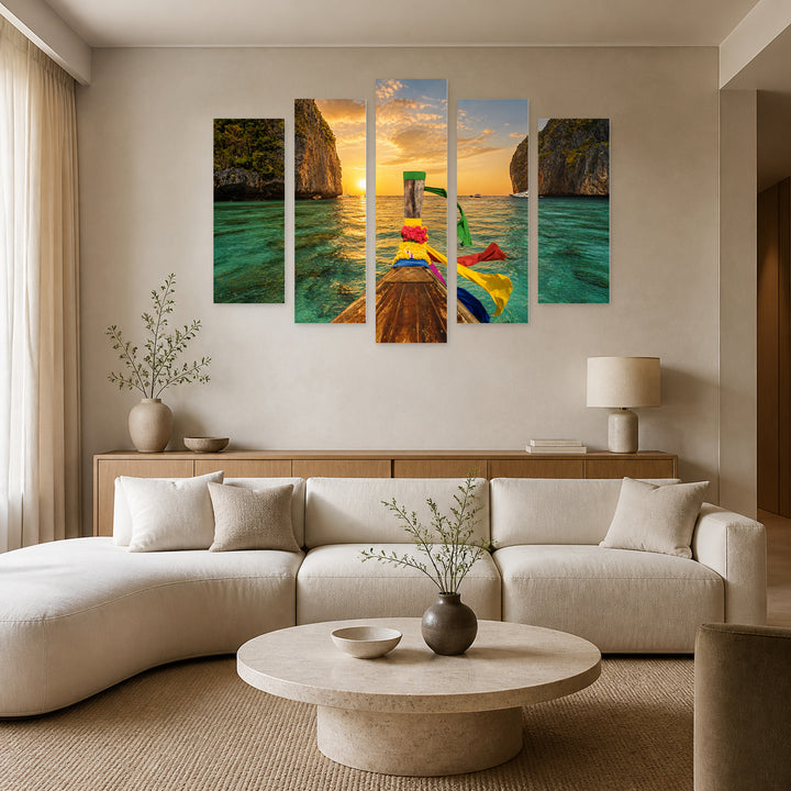 Traditional Thai Boat at Golden Sunset — five-panel wall art in frontal interior | 5wallart 54027 M3