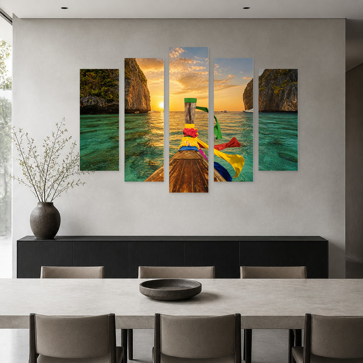 Traditional Thai Boat at Golden Sunset — five-panel wall art in alternate frontal interior | 5wallart 54027 M4