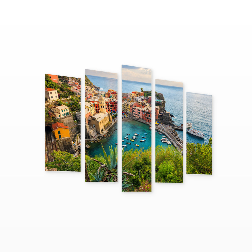 Vernazza in Serene Light — five-panel wall art on white background in perspective | 5wallart 54033 M1