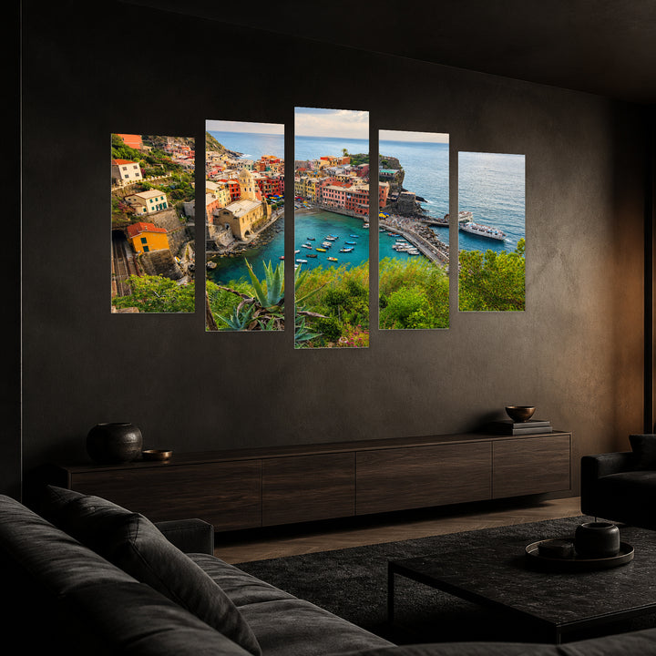 Vernazza in Serene Light — five-panel wall art in perspective interior | 5wallart 54033 M2