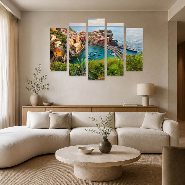 Vernazza in Serene Light — five-panel wall art in frontal interior | 5wallart 54033 M3